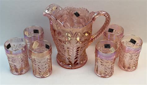 Lot - Imperial Lenox Pink Carnival Glass Tiger Lilly Water Pitcher & Tumbler Set