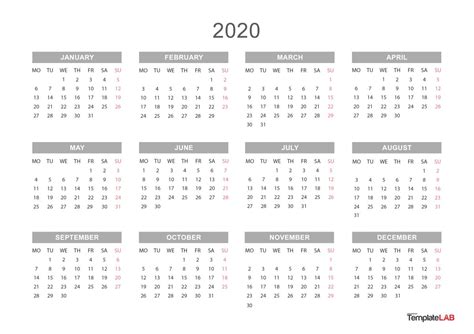 2020 Printable Calendars [Monthly, with Holidays, Yearly] ᐅ TemplateLab