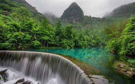 Download Fog Mountain China Nature Waterfall HD Wallpaper