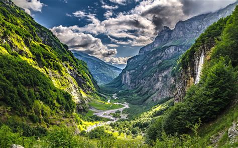 Download wallpapers mountain valley, mountains, Alps, green slopes of mountains, waterfall ...