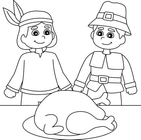 Thanksgiving Pilgrim Native American Boy Coloring Coloring Page Graphic Kids Vector, Ring ...