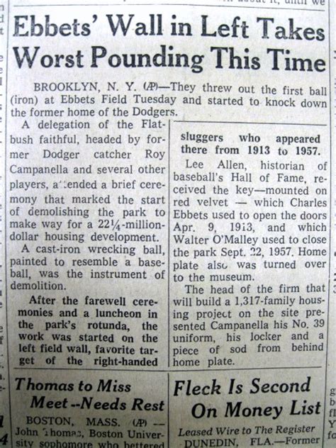 1960 newspaper DEMOLITION of Brooklyn Dodgers baseball field EBBETS FIELD begins | eBay