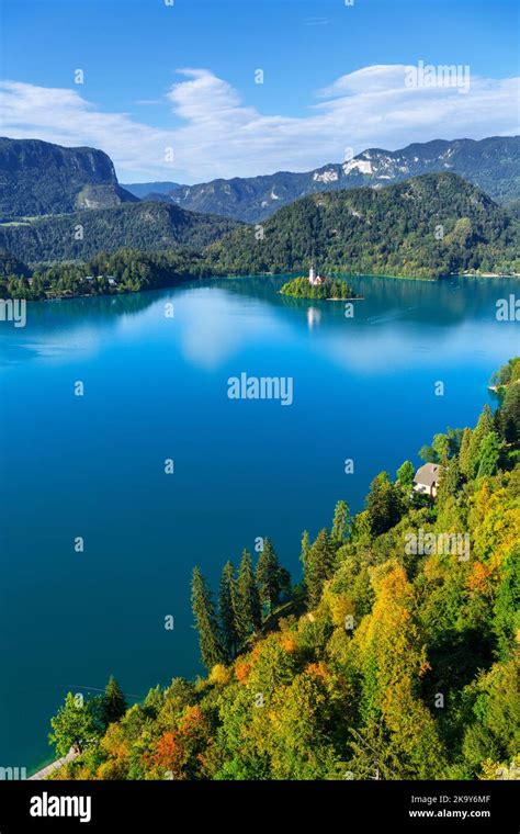 View over Lake Bled and Bled Island from Bled Castle, Lake Bled ...