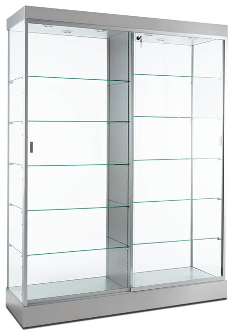 60" Glass Display Case w/ Top Lights, Wheels, Locking Sliding Door - Silver | Glass display case ...