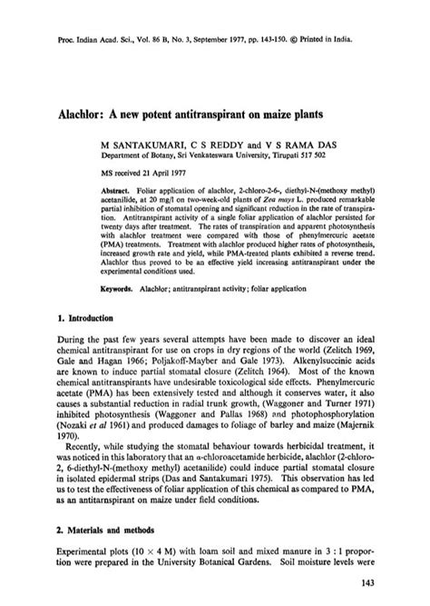 Alachlor: a New Potent Antitranspirant on Maize Plants - DocsLib