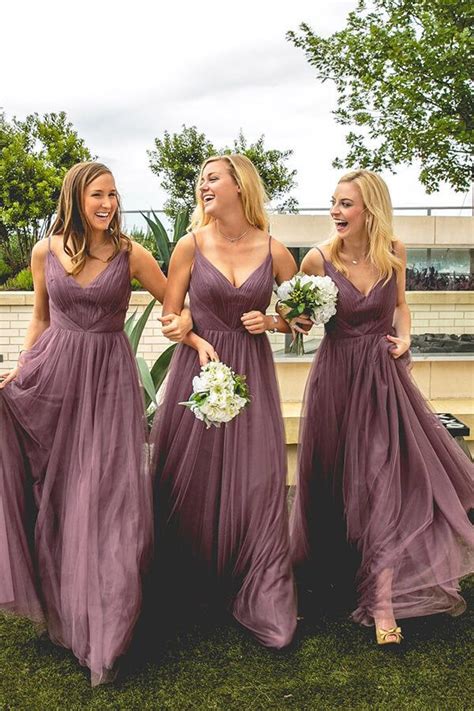 Dusty Purple Tulle Spaghetti Straps A-line V-neck Bridesmaid Dresses ...