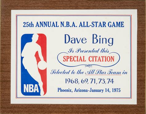 Lot Detail - Dave Bing 25th Annual NBA All Star Game Participant Plaque Presented on 01/14/1975 ...