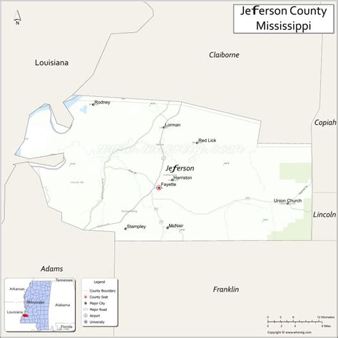 Map of Jefferson County, Mississippi showing cities, highways ...