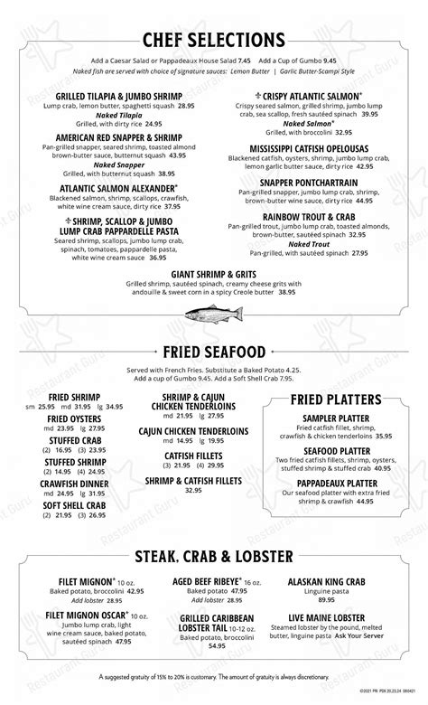 Menu at Pappadeaux Seafood Kitchen restaurant, Westmont, 921 Pasquinelli Dr