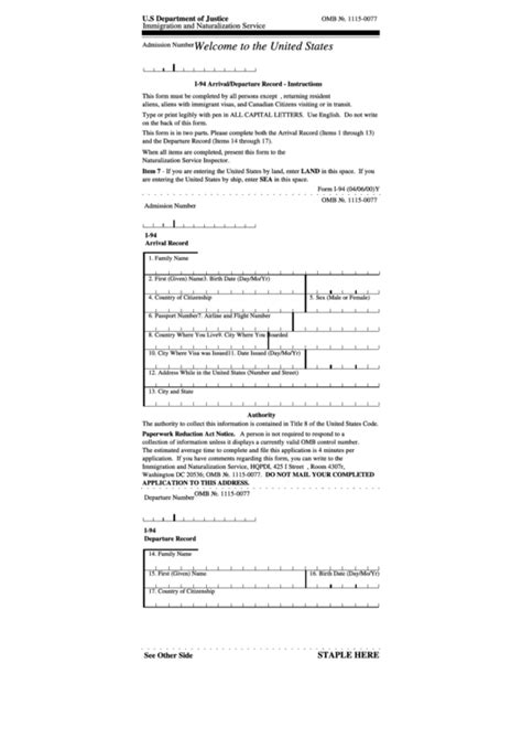 Uscis Form I-94 - Arrival/departure Record (With Instructions ...