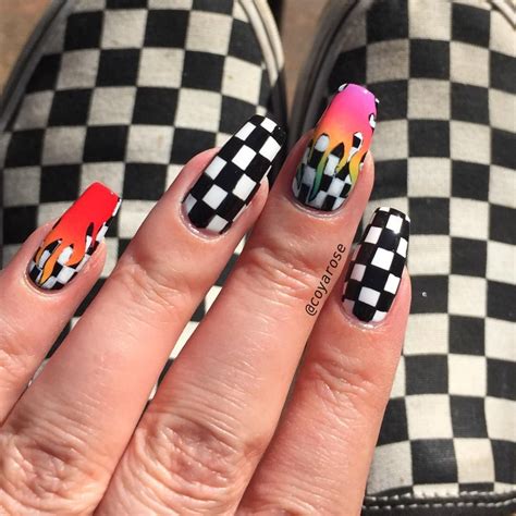 Checker checkered checkerboard rainbow flame tana mongeau nails nail art Aycrlic Nails, Makeup ...