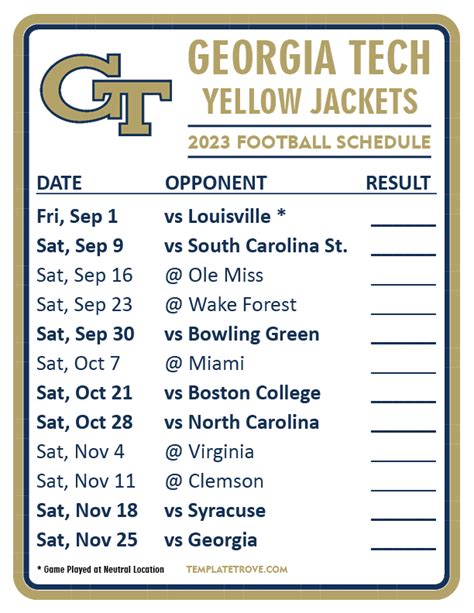 Printable 2023 Georgia Tech Yellow Jackets Football Schedule