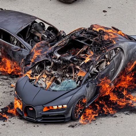 KREA - a copper bugatti chiron crashed, wrecked in flames, detailed ...