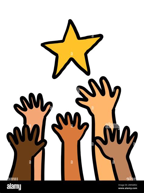 A group of multi-ethnic hands reaching up the star. Success achievement with equality and ...