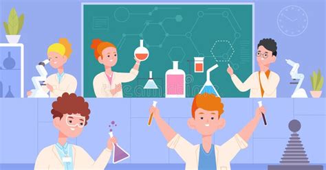 Childrens Chemical Laboratory. Children in School Lab with Chemistry Solution, Cartoon Kid ...