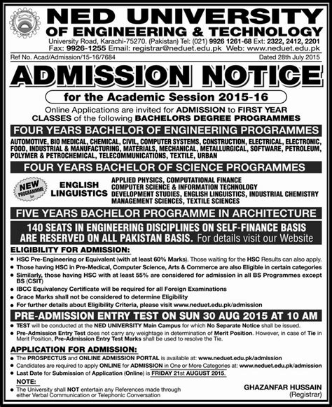 Ned University Of Engineering And Technology 2015 Admissions - Shehar-e ...