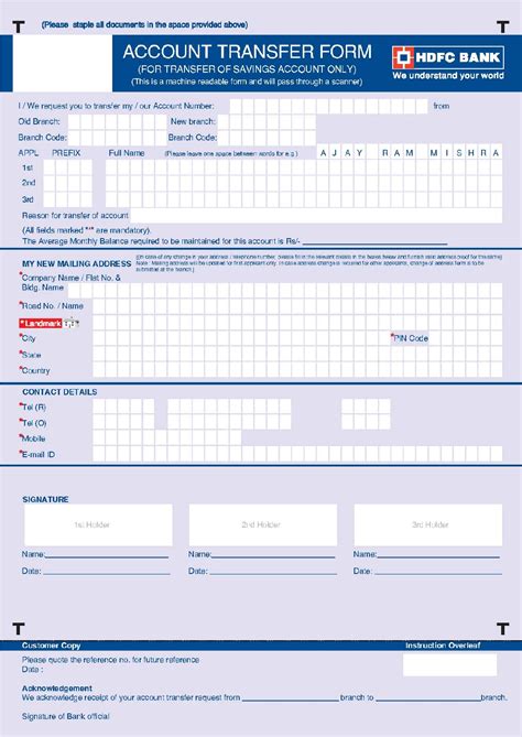 Bank Account Transfer Form - HDFC BANK Free Download