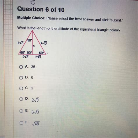 What is the length of the altitude of the equilateral triangle below ...