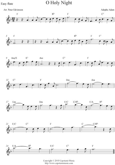 Easy Sheet Music For Beginners: O Holy Night, free Christmas flute sheet music notes