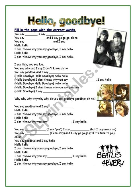 Hello goodbye song beatles - ESL worksheet by seni