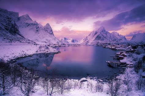 Download Reine Dusk Sunset Cloud Snow Lake Mountain Winter Earth Photography Lofoten HD Wallpaper