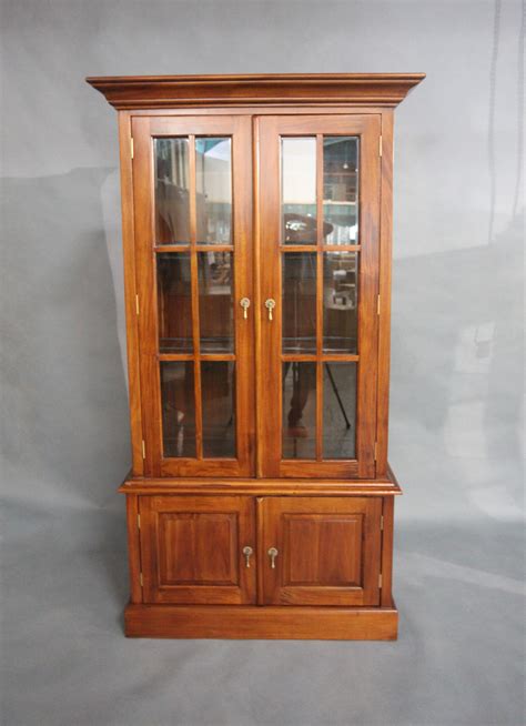 Solid Mahogany Wood Bookcase with Glass Doors and Cupboard | Turendav ...