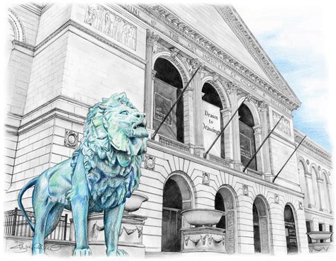 Chicago Art Institute Drawing With Lion, customize With Different Sports Blackhawks, Sox, Bears ...