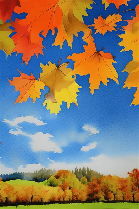 Watercolor Fall Landscape with Colorful Sunny Sky · Creative Fabrica