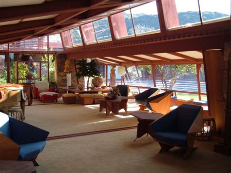 Interior of Taliesin West in Arizona by Frank Lloyd Wright. Furniture was also designed by ...