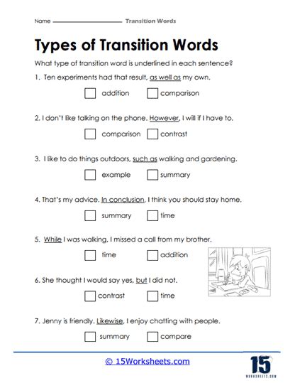 Transition Words Worksheets - 15 Worksheets.com