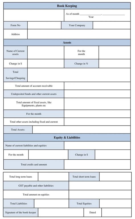 Printable Bookkeeping Form and Accounting Template