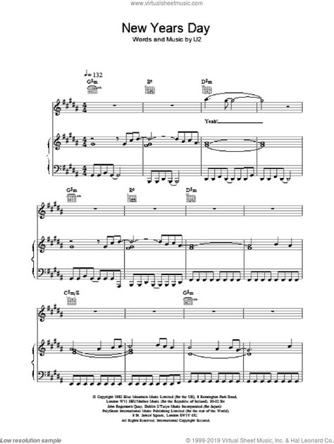 U2: New Years Day sheet music for voice, piano or guitar (PDF)