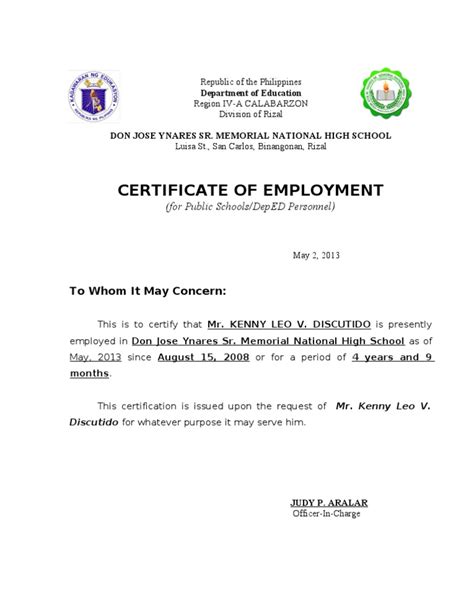 Certificate of Employment