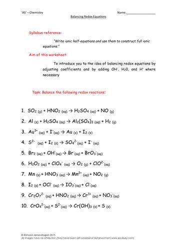 'AS' - Chemistry: Balancing Redox Equations Worksheet (With Answers ...