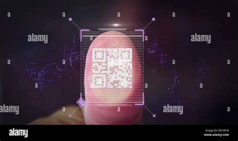 QR code scanner over thumb scanning against glowing tunnel Stock Photo - Alamy