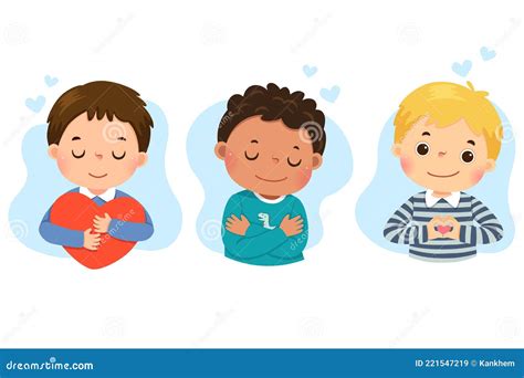 Set of Cartoon of Little Boys Hugging Themself. Self Love, Self Care ...