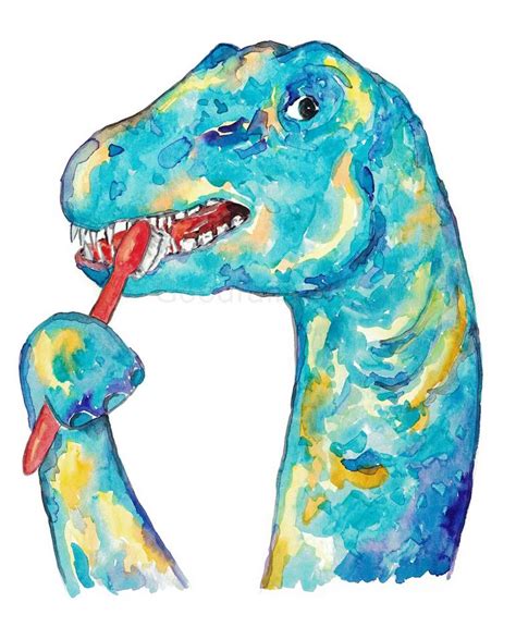 Brontosaurus brushing teeth dinosaur painting watercolour Painting by Maryna Salagub | Saatchi Art