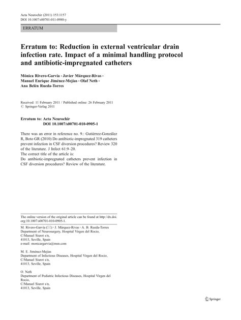 (PDF) Erratum to: Reduction in external ventricular drain infection ...