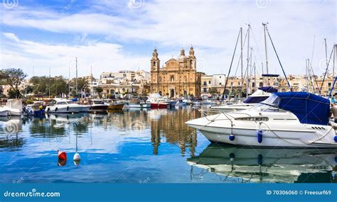 Malta - Msida Cathedral and Marina Stock Photo - Image of catholic, sail: 70306060