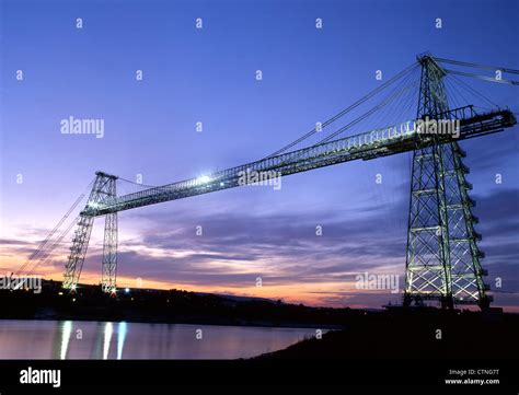 Newport Transporter Bridge and River Usk at twilight / night Newport South Wales UK Stock Photo ...