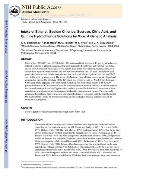 (PDF) Intake of Ethanol, Sodium Chloride, Sucrose, Citric Acid, and ...