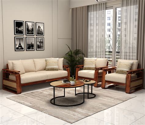 Buy Vedic 3+1+1 Sheesham Wood Sofa Set With Cane and Brass Detailing ...