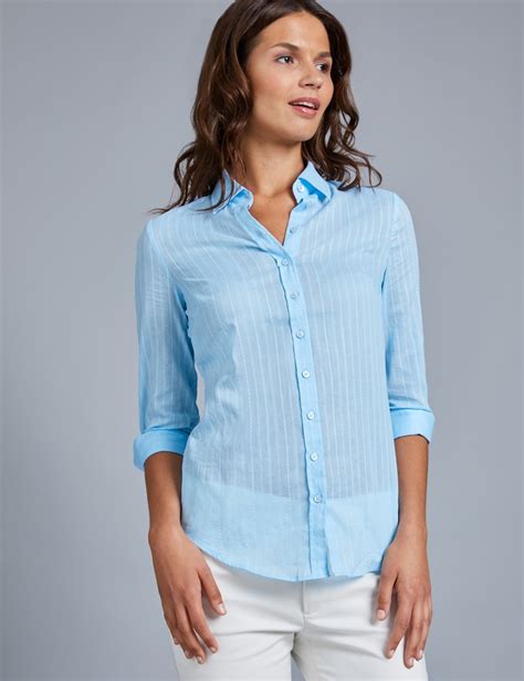 Women's Light Blue Dobby Semi Fitted 3 Quarter Sleeve Shirt | Hawes & Curtis