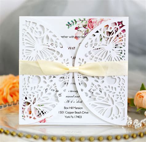 Personalized Laser Cut Handmade Wedding Invitation Card With Flower Ribbon And Hollow Design ...