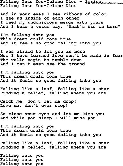 Love Song Lyrics for:Falling Into You-Celine Dion