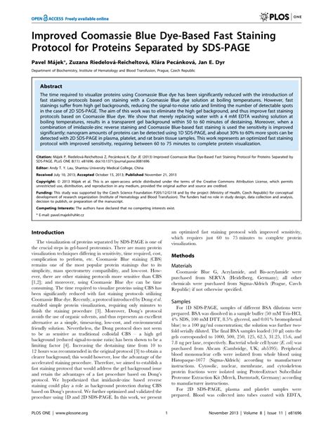 (PDF) Improved Coomassie Blue Dye-Based Fast Staining Protocol for Proteins Separated by SDS-PAGE