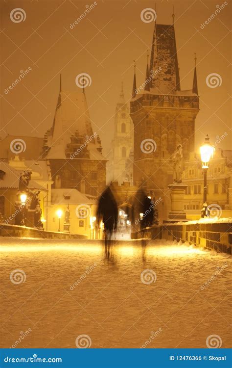 Charles Bridge in the Night in Winter Stock Photo - Image of lamp ...