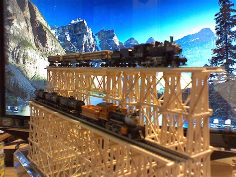 Two level wood trestle bridge with two Z scale Trains 6"Hx12"L second ...