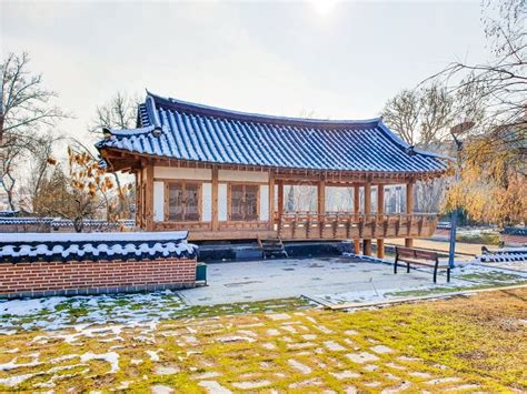 Korean Architecture - Wooden Pagoda in Traditional Korean Style with Snow. Stock Image - Image ...