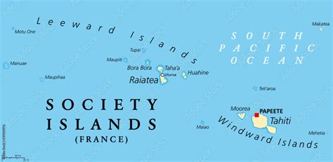 Society Islands, political map. Group of volcanic islands, in French ...